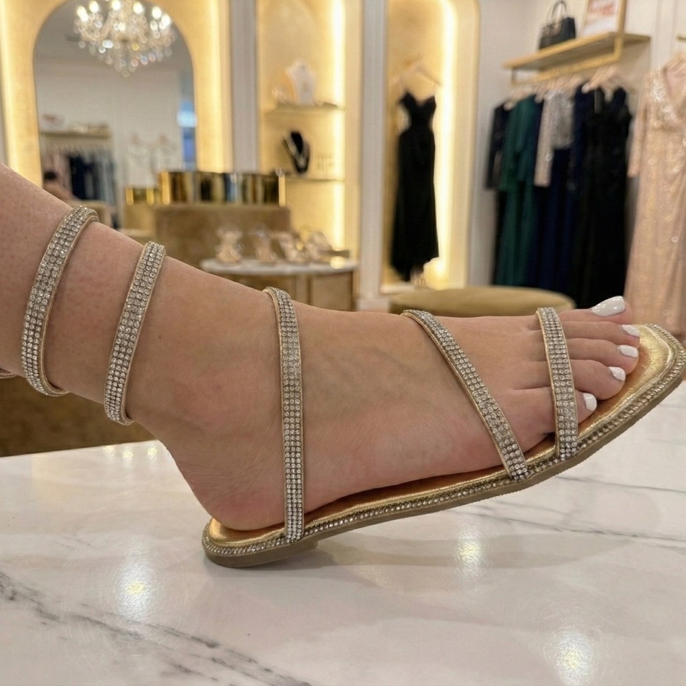 NWT Kayleen Gold Rhinestone Snake Wrap Gladiator Sandals | Sparkly Bling Flats
